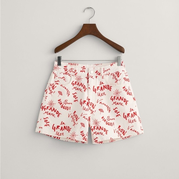 Gant High Waist White and Red Text Print Graphic Shorts - Picture 5 of 10